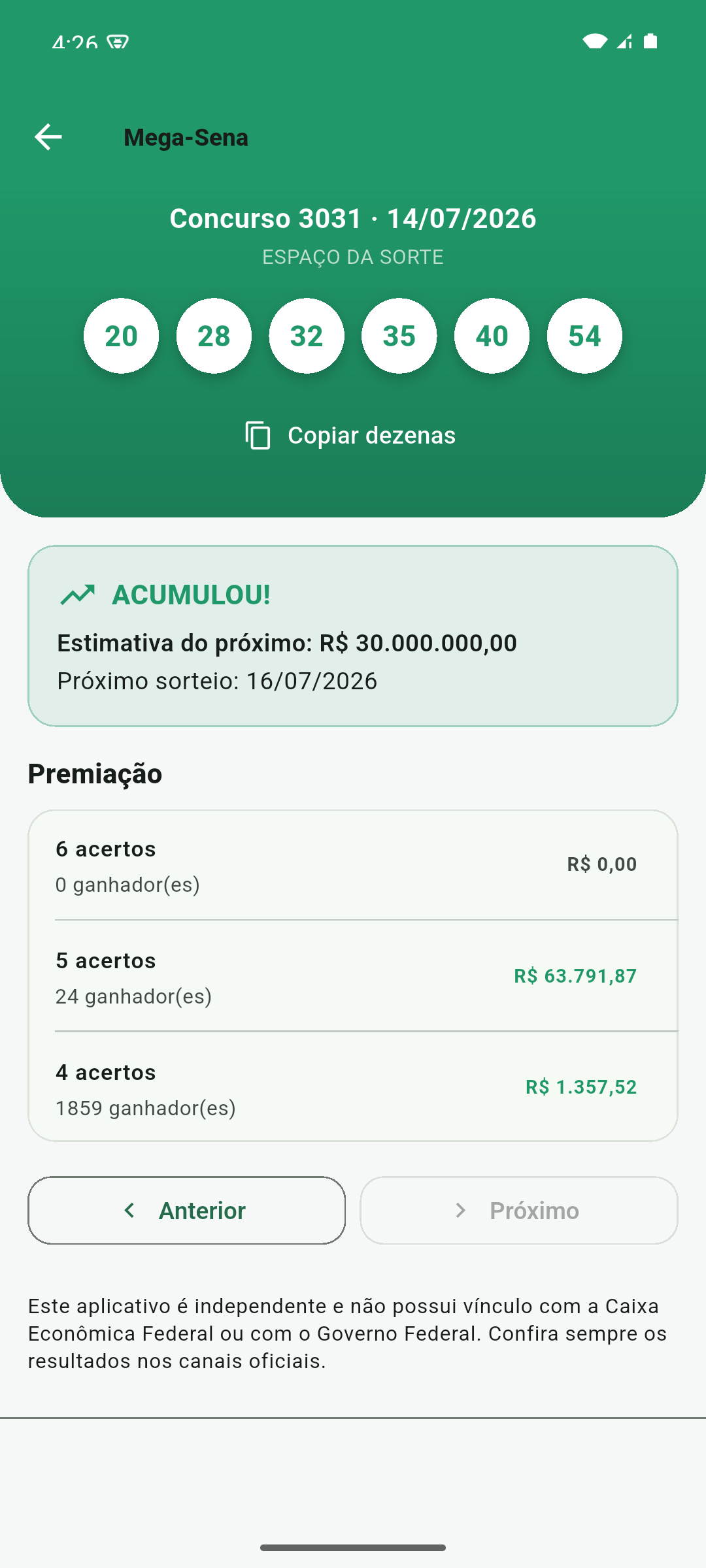 Tela de resultado da Mega-Sena com dezenas e rateio de premiação